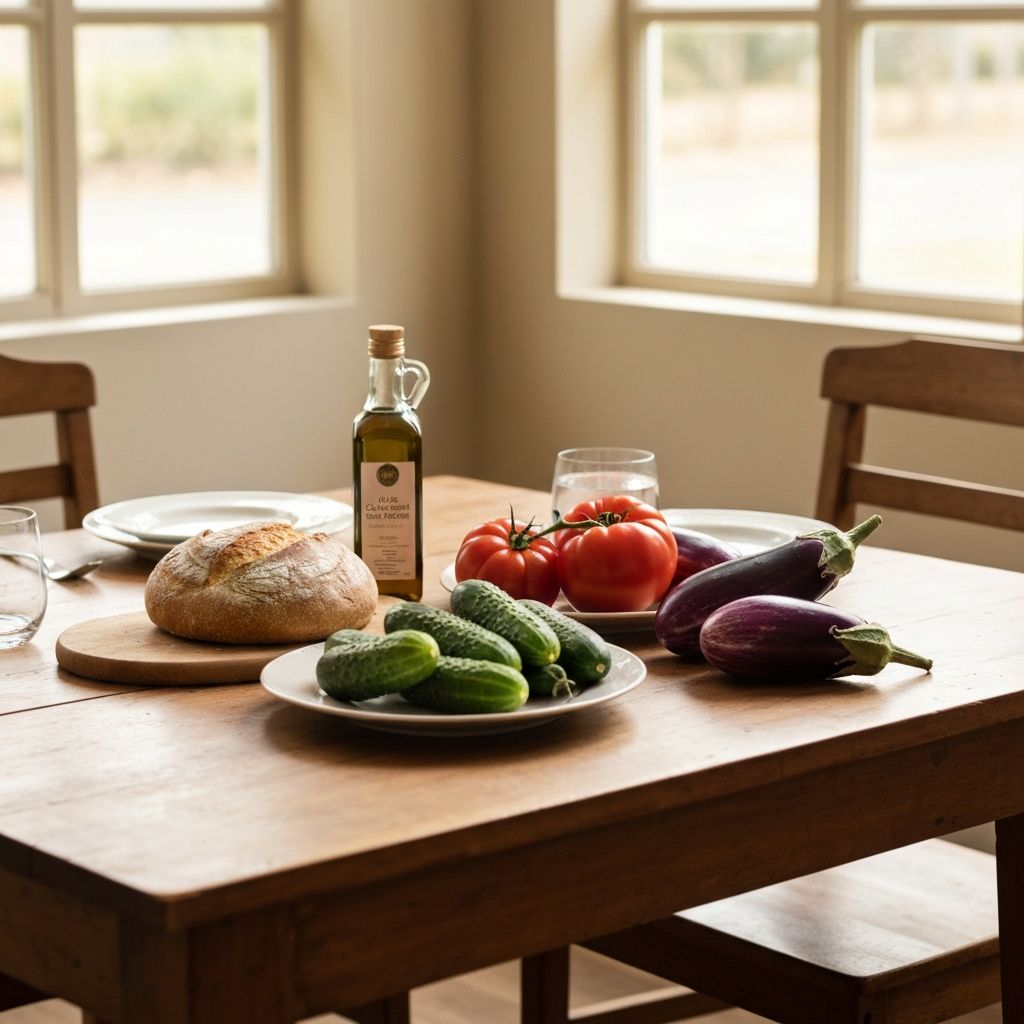 Table setting with fresh bread and vegetables