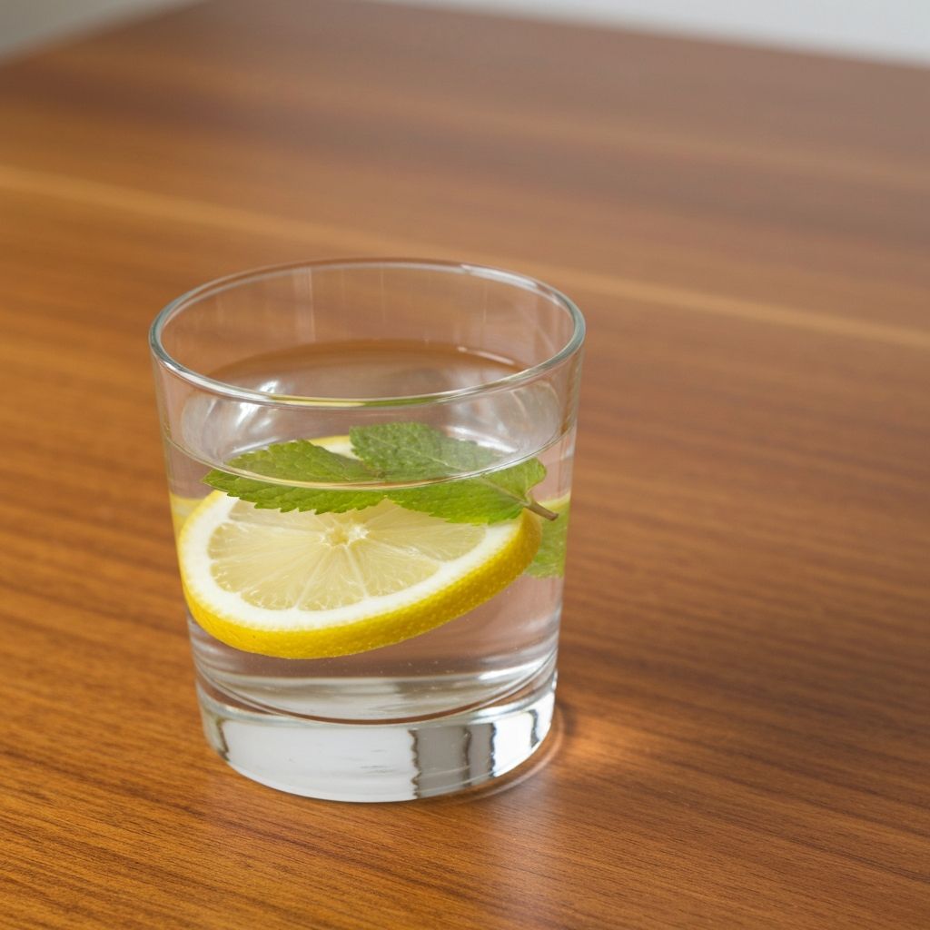 Water glass with fresh lemon slice and herbs