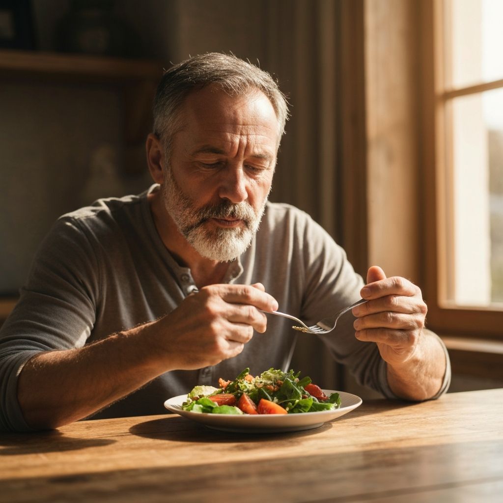 Person eating slowly at table with fresh meal